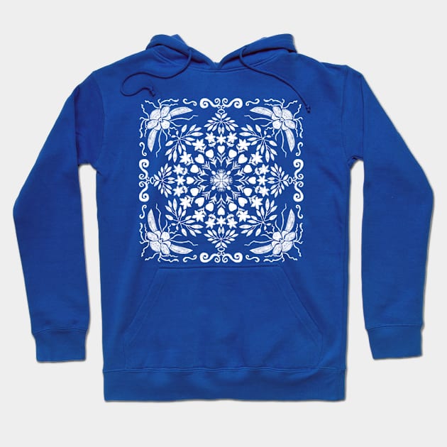 Garden Symmetry - White on Blue Hoodie by MarcyBrennanArt